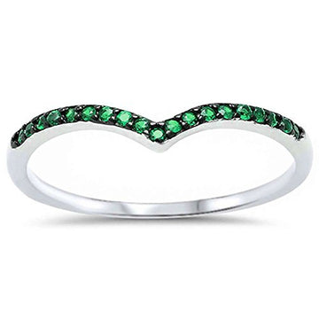 Chevron Midi V-Shape Simulated Green Emerald CZ Wedding Ring 925 Sterling Silver